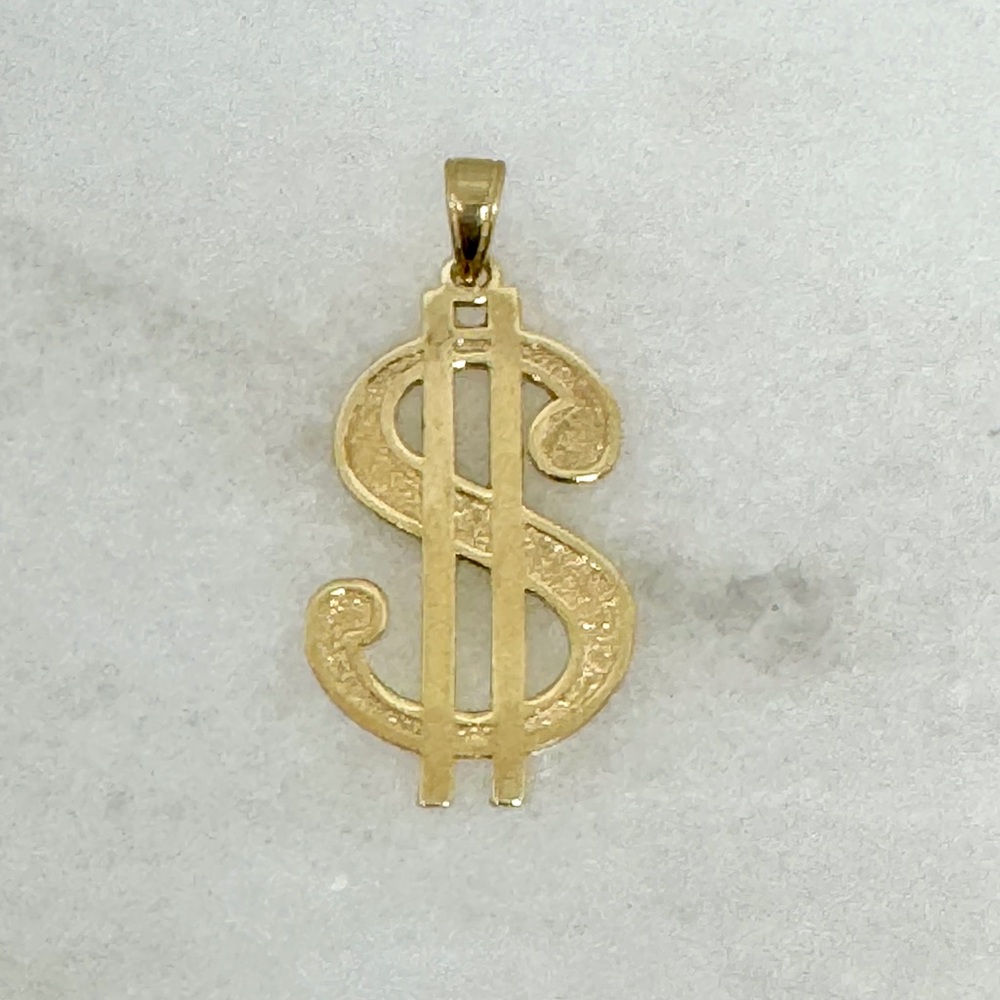 10K Yellow Gold 1 3/8” Polished & Textured Large Dollar Sign Pendant 2.05g - New